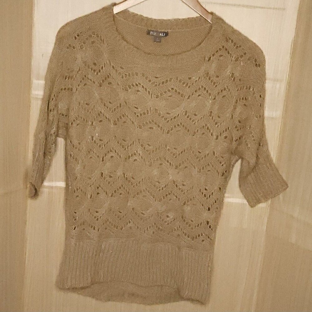 Roz & Ali Womens Tan Metallic Gold Short Sleeve Batwing Sweater Small